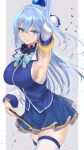  1girl :q aqua_(konosuba) arm_behind_head arm_up armpits bangs bare_shoulders blue_eyes blue_hair blush bow breasts closed_mouth commentary_request cowboy_shot detached_sleeves eyebrows_visible_through_hair folding_fan gem green_bow grey_background hair_between_eyes hair_ornament hair_rings hand_fan highres holding kono_subarashii_sekai_ni_shukufuku_wo! large_breasts leaning_forward long_hair looking_at_viewer mexif presenting_armpit shiny shiny_hair skirt smile solo thigh-highs tongue tongue_out very_long_hair white_background white_legwear 