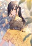  1girl bangs black_hair brown_sweater dress earrings feet_out_of_frame flower hair_between_eyes highres jewelry long_hair long_sleeves looking_at_viewer myusha original outdoors plant signature sitting sleeves_past_wrists solo sweater yellow_dress yellow_eyes 
