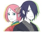  1boy 1girl bangs black_eyes black_hair black_kimono boruto:_naruto_next_generations closed_mouth couple dress facial_mark flower forehead forehead_mark green_eyes hair_flower hair_ornament hair_over_one_eye haruno_sakura highres japanese_clothes kimono looking_at_viewer naruto_(series) pink_flower pink_hair pink_kimono pinoko_(pnk623) smile uchiha_sasuke wedding_dress white_background 