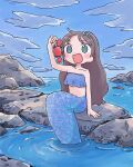  1girl 1nupool animal aqua_eyes bare_shoulders black_hair blue_sky blue_theme clouds cloudy_sky crab highres holding holding_animal long_hair mermaid monster_girl open_mouth original ripples rock scales sky smile solo strapless tube_top 