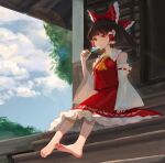  1girl barefoot bow brown_hair crexby detached_sleeves dress feet food hair_bow hakurei_reimu highres japanese_clothes looking_at_viewer popsicle red_dress shade shrine sitting sky smile soles stairs summer sunlight toes touhou tree 