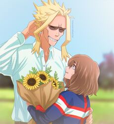  1boy 1girl arm_behind_head bangs blue_shirt blurry blurry_background boku_no_hero_academia bouquet brown_hair collared_shirt dress_shirt facing_another flower grin height_difference holding holding_bouquet kamino_girl_(boku_no_hero_academia) looking_up medium_hair multicolored_shirt parted_lips profile red_shirt shirt shirt_tucked_in short_hair sidelocks smile sunflower tears teeth trevo_(trevoshere) twitter_username white_shirt yagi_toshinori 