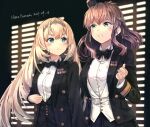  2girls alternate_costume artist_name black_bow black_neckwear black_skirt blonde_hair blue_eyes blush bow bowtie brown_hair buttons closed_mouth collared_shirt copyright_name dated hair_between_eyes hairband highres himeyamato kantai_collection long_hair long_sleeves medal multiple_girls open_mouth pleated_skirt saratoga_(kancolle) shirt side_ponytail skirt the_godfather tiara upper_body victorious_(kancolle) white_shirt 