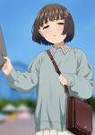  1girl 1other artist_name bag blurry blurry_background bob_cut brown_hair hair_ornament hairclip mattaku_mousuke original out_of_frame outdoors short_hair shoulder_bag sleepy sleeve_tug upper_body watermark 