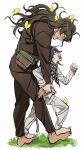  2boys :d bangs barefoot black_hair brown_jacket brown_pants bug butterfly buttons checkered checkered_neckwear checkered_scarf danganronpa_(series) danganronpa_v3:_killing_harmony flower from_side gokuhara_gonta grey_background grey_jacket grey_pants highres ichihara2929 insect_cage jacket leaning_forward long_hair long_sleeves male_focus medium_hair messy_hair multiple_boys open_mouth ouma_kokichi pants scarf simple_background smile standing upper_teeth 