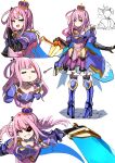  1girl absurdres alternate_costume armor armored_dress boots collarbone crown eating green_eyes hair_rings heterochromia highres himemori_luna hololive laughing looking_at_viewer metal_boots multiple_views ojou-sama_pose open_mouth pantyhose purple_hair side_ponytail sparkle spoon thigh-highs thigh_boots trap_(drthumt) violet_eyes weapon weapon_on_back 