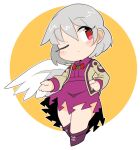  1girl bangs closed_mouth cross-laced_footwear dress eyebrows_visible_through_hair full_body grey_hair ini_(inunabe00) jacket kishin_sagume long_sleeves looking_at_viewer one_eye_closed purple_dress red_eyes red_neckwear short_hair single_wing solo touhou white_background white_wings wings yellow_background 