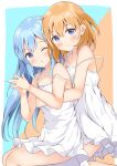  2girls ;o bangs bare_arms bare_shoulders blue_background blue_eyes blue_hair border camisole closed_mouth collarbone commentary_request eyebrows_visible_through_hair feet_out_of_frame gochuumon_wa_usagi_desu_ka? hair_between_eyes hair_ornament hands_up highres hoto_cocoa hug hug_from_behind kafuu_chino keito4f long_hair looking_at_viewer medium_hair multiple_girls one_eye_closed orange_background orange_hair outside_border own_hands_together smile spaghetti_strap strap_slip two-tone_background very_long_hair violet_eyes white_border white_camisole x_hair_ornament 