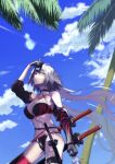  1girl ahoge ass_visible_through_thighs bikini black_bikini black_gloves blue_sky bottle breasts breasts_apart can_to_forehead clouds deishuu fate/grand_order fate_(series) from_below gloves grey_hair groin_tendon jeanne_d&#039;arc_(alter)_(fate) jeanne_d&#039;arc_(alter_swimsuit_berserker)_(fate) jeanne_d&#039;arc_(fate)_(all) katana large_breasts looking_at_viewer navel palm_tree sky solo swimsuit sword thigh-highs thighs tree water_bottle weapon yellow_eyes 