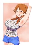  1girl :d ;d animal_print arm_behind_head armpits bangs bare_arms blue_shorts blush breasts breath brown_background brown_eyes brown_hair cowboy_shot dutch_angle eyebrows_visible_through_hair hand_on_hip highres idolmaster idolmaster_cinderella_girls katagiri_sanae large_breasts looking_at_viewer low_twintails minakami one_eye_closed open_mouth shorts smile solo sweat twintails upper_teeth white_background zebra_print 