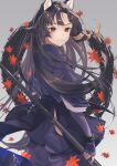  1girl absurdres alternate_costume animal_ears arknights black_hair closed_mouth eyebrows_visible_through_hair feet_out_of_frame gloves grey_background highres holding holding_pole long_hair looking_back petals pole purple_gloves red_eyes saga_(arknights) sakana-ko smile solo standing 