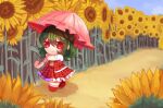  1girl ascot collared_shirt eyebrows_visible_through_hair flower frilled_skirt frills fumo_(doll) garden_of_the_sun green_hair hair_between_eyes holding holding_umbrella kazami_yuuka parasol plaid plaid_skirt plaid_vest red_eyes shadow shirt short_hair short_sleeves skirt smile solo sunflower sweetkooky touhou umbrella vest white_shirt yellow_neckwear 