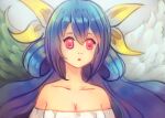  1girl asymmetrical_wings blue_hair bow collarbone cubehero dizzy_(guilty_gear) feathered_wings feathers guilty_gear guilty_gear_x hair_between_eyes hair_bow hair_rings looking_at_viewer portrait red_eyes twintails wings 
