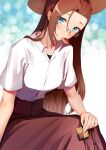  1girl absurdres alternate_costume bespectacled blue_eyes blush brown_hair brown_skirt food_in_mouth glasses hat highres katarina_claes long_skirt looking_at_viewer memero_7272 mouth_hold otome_game_no_hametsu_flag_shika_nai_akuyaku_reijou_ni_tensei_shite_shimatta rimless_eyewear shirt short_sleeves sitting skirt solo sun_hat white_shirt 