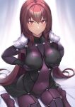  1girl armor blush bodysuit breasts fate/grand_order fate_(series) hair_intakes half-closed_eyes highres large_breasts long_hair looking_at_viewer p!nta pauldrons purple_bodysuit purple_hair red_eyes scathach_(fate) scathach_(fate)_(all) self_fondle shoulder_armor solo very_long_hair 