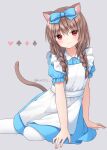  1girl animal_ears anz32 apron bangs blue_bow blue_dress bow braid cat_ears cat_girl cat_tail closed_mouth club_(shape) collared_dress commentary_request diamond_(shape) dress eyebrows_visible_through_hair feet_out_of_frame frilled_apron frills grey_background hair_between_eyes hair_bow heart long_hair looking_at_viewer low_twintails original pantyhose puffy_short_sleeves puffy_sleeves red_eyes short_sleeves smile solo spade_(shape) tail twin_braids twintails white_apron white_legwear 