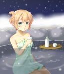 1girl bangs bathing blonde_hair blush breasts choko_(cup) commentary_request cup feet_out_of_frame folded_ponytail green_eyes green_towel half_updo isaki_(gomi) looking_at_viewer medium_breasts mizuhashi_parsee onsen open_mouth pointy_ears short_hair short_ponytail smile solo tokkuri touhou tray water 