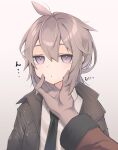  1girl absurdres black_neckwear blush brown_jacket commander_(girls&#039;_frontline) eyebrows_visible_through_hair girls_frontline grey_hair highres jacket long_hair looking_at_viewer m200_(girls&#039;_frontline) necktie open_clothes open_jacket sakana-ko shirt solo translation_request violet_eyes white_background white_shirt 