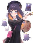  1girl absurdres ao-chan_(ninomae_ina&#039;nis) bag bangs beret black_dress black_headwear blue_eyes blunt_bangs dress eyebrows_visible_through_hair handbag hat highres holding hololive hololive_english huge_filesize long_hair long_sleeves looking_at_viewer maru_ccy multicolored_hair ninomae_ina&#039;nis official_alternate_costume paintbrush painting palette_(object) pointy_ears purple_hair smile solo tablet_pc tako_(ninomae_ina&#039;nis) tentacle_hair tentacles virtual_youtuber 
