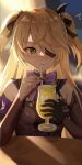  1girl absurdres bangs bare_shoulders blonde_hair blurry blurry_background blush bow bowtie breasts commentary_request cropped cup drinking drinking_straw eyebrows_visible_through_hair eyepatch fingernails fischl_(genshin_impact) genshin_impact gloves green_eyes hair_bow hair_ornament highres holding indoors leotard long_hair looking_away looking_to_the_side medium_breasts nail_polish nasii purple_bow purple_bowtie shiny shiny_hair short_twintails simple_background single_glove solo twintails two_side_up upper_body 