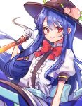  1girl bangs blue_hair blush center_frills eyebrows_visible_through_hair frills fruit_hat_ornament hair_between_eyes hat highres hinanawi_tenshi konnyaku_(yuukachan_51) long_hair peach_hat_ornament puffy_short_sleeves puffy_sleeves rainbow_order red_eyes red_neckwear red_ribbon ribbon short_sleeves simple_background smile solo sword_of_hisou touhou white_background 