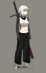  1girl :| abs bad_id bad_twitter_id bandaged_hands bandages belt black_belt black_gloves black_pants bob_cut closed_mouth cropped_shirt full_body gloves gogalking grey_background grey_hair highres huge_weapon inverted_bob midriff navel original pants pointy_ears red_eyes sanpaku scabbard sheath sheathed shirt short_hair simple_background solo standing stirrup_legwear sword toeless_legwear toned weapon weapon_on_back white_shirt 