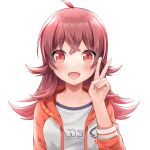  1girl :d absurdres ahoge blush eyebrows_visible_through_hair highres hood hoodie idolmaster idolmaster_shiny_colors komiya_kaho long_sleeves looking_at_viewer open_clothes open_hoodie open_mouth pemoyashi_(tianoblue) red_eyes redhead simple_background smile upper_body v white_background 
