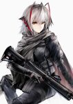  1girl absurdres ahoge alternate_costume arknights assault_rifle black_cape black_pants black_scarf black_shirt cape commentary_request demon_horns feet_out_of_frame firearm_request grey_hair gun hair_between_eyes highres holding holding_gun holding_weapon horns looking_to_the_side pants pouch rifle scarf shirt short_hair simple_background sitting solo t800 w_(arknights) weapon white_background 