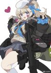  1girl animal_bag bandage_on_face bandages banluoli beret black_coat blonde_hair blue_bow blue_eyes blue_neckwear blue_ribbon boots bow coat commentary_request fingerless_gloves girls&#039;_frontline_2:_exilium girls_frontline gloves grey_skirt gun hat hat_bow heart highres leg_up long_hair long_sleeves looking_at_viewer open_mouth pleated_skirt ribbon shotgun side_ponytail simple_background skirt smile socks solo sweater vepley_(girls&#039;_frontline_2) vepr-12 weapon weibo_username white_background white_headwear white_legwear 