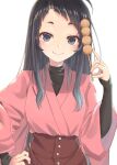  1girl black_hair blue_eyes blush food hand_on_hip highres holding holding_food japanese_clothes kaizoku_oujo karin_(kaizoku_oujo) long_hair long_sleeves melt_(ghfla10) skewer smile solo white_background 