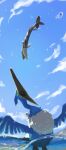  arrokuda bird clouds cramorant day fish highres no_humans open_mouth outdoors pokemon pokemon_(creature) ponimu sky symbol-only_commentary water water_drop 