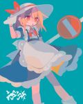  1girl :o adjusting_clothes adjusting_headwear apron aqua_background arm_at_side back_bow bad_id bad_tumblr_id bangs blonde_hair blue_dress bow bowtie brown_eyes contrapposto daizu_(melon-lemon) dot_nose dress eyebrows_visible_through_hair eyes_visible_through_hair feet_out_of_frame frilled_apron frills from_side gradient_eyes hair_between_eyes hand_on_headwear hand_up hat hat_ribbon highres kana_anaberal long_hair looking_away medium_dress multicolored multicolored_eyes no_entry_sign no_lineart parted_lips petticoat puffy_short_sleeves puffy_sleeves red_bow red_neckwear red_ribbon ribbon road_sign short_sleeves sign simple_background sleeve_cuffs solo standing sun_hat tareme touhou touhou_(pc-98) waist_apron white_apron white_bow white_headwear white_legwear wing_collar yellow_eyes 