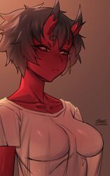  1girl black_hair blush breasts closed_mouth colored_skin from_side grey_background horns kidouko_(zakusi) large_breasts oni oni_horns original red_oni red_skin shirt shirt_overhang short_hair short_sleeves signature simple_background slit_pupils smile solo white_shirt yellow_eyes zakusi 