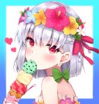  1girl bangs bare_shoulders bikini blush breasts fate/grand_order fate_(series) flower_wreath food hair_ribbon head_wreath heart highres ice_cream ice_cream_cone kama_(fate) kama_(swimsuit_avenger)_(fate) looking_at_viewer red_eyes ribbon shimejirou_(000kk) short_hair silver_hair small_breasts swimsuit 