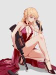  1girl bare_legs bare_shoulders black_footwear blonde_hair breasts bullet cartridge closed_mouth collarbone dress earrings eyebrows_visible_through_hair girls_frontline gun hair_ornament high_heels highres holding holding_weapon jewelry legs long_hair looking_at_viewer medium_breasts mo_geng necklace orange_eyes ots-14 ots-14_(girls&#039;_frontline) red_dress rifle sitting solo thighs very_long_hair weapon white_background 