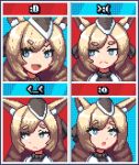  &gt;:( 1girl :d :o animal_ear_fluff animal_ears arknights bangs blonde_hair blue_eyes bow closed_mouth curly_hair drill_hair eyebrows_visible_through_hair eyelashes hair_bow hair_ornament hat horse_ears horse_girl looking_away looking_to_the_side multiple_views open_mouth panels pixel_art smile solo thejunebug upper_body v-shaped_eyebrows whislash_(arknights) 