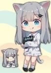  1girl :q absurdres animal_ears bangs black_footwear blue_eyes cat_ears cat_girl cat_tail chibi closed_mouth commentary_request dress eyebrows_visible_through_hair grey_hair hair_ornament hairclip highres indie_virtual_youtuber long_hair long_sleeves miaoema multiple_views nacho_(amashiro_natsuki) sleeves_past_fingers sleeves_past_wrists slippers smile socks standing striped striped_legwear tail tongue tongue_out virtual_youtuber white_dress 