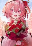  1girl absurdres betabeet blush bouquet clothing_cutout flower hair_flower hair_ornament highres holding holding_bouquet nijisanji nijisanji_en open_mouth pink_eyes pink_hair plant red_flower red_rose rose rosemi_lovelock short_sidetail shoulder_cutout sky solo thorns vines white_flower white_rose 