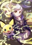  1girl blue_eyes book brown_eyes coat electricity highres hood hood_down looking_at_viewer norimaki_(nrmk_norinori) open_mouth pants pichu pointing pointing_up purple_coat robin_(fire_emblem) robin_(fire_emblem)_(female) smile super_smash_bros. twintails white_hair white_pants 