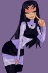  1girl black_hair breasts character_request cropped_legs hibi_(dusrbinrat) highres leaning_forward long_hair long_sleeves medium_breasts purple_background short_eyebrows simple_background smile solo teen_titans violet_eyes 