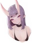  1girl absurdres bangs blush cropped_torso eyebrows_visible_through_hair fate/grand_order fate_(series) flat_chest highres horns oni oni_horns parted_lips pointy_ears purple_hair rabbit_(wlsdnjs950) short_hair shuten_douji_(fate) skin-covered_horns solo sweat violet_eyes 