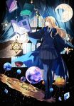  1girl black_robe blonde_hair book crystal gears harry_potter highres hogwarts_school_uniform long_hair luna_lovegood necktie open_mouth ravenclaw school_uniform skirt solo striped striped_neckwear 