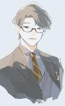  1boy asian black_jacket blazer brown_eyes brown_neckwear collared_shirt glasses grey_background grey_shirt grey_vest hair_behind_ear han_ngantuk highres jacket looking_to_the_side male_focus necktie nijisanji nijisanji_id shirt smile solo taka_radjiman vest virtual_youtuber 