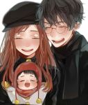  1girl 2boys baby brown_hair chullo coat father_and_son glasses harry_potter harry_potter_and_the_philosopher&#039;s_stone hat highres james_potter lily_evans long_hair mother_and_son multiple_boys redhead scarf short_hair smile winter_clothes winter_coat younger 