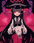  1girl bangs black_hair black_headwear black_nails black_shirt black_skirt blunt_bangs checkered_pattern cow_skull ear_piercing earrings flower hat_ornament highres hime_cut holding holding_skull jewelry keijou_(cave) long_hair long_sleeves looking_at_viewer original pantyhose piercing pink_eyes pink_flower pink_rose pink_theme pointy_ears red_legwear rose shirt sitting skirt skull sleeves_past_wrists solo very_long_hair white_shirt 