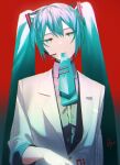  1girl agyou_sonokou_l aqua_eyes aqua_hair aqua_neckwear bloom commentary expressionless formal grey_shirt hair_ornament half-closed_eyes hatsune_miku head_tilt headphones headset highres jacket long_hair looking_at_viewer meme mouth_hold necktie necktie_in_mouth red_background shirt signature solo suit twintails upper_body very_long_hair vocaloid white_jacket white_suit 