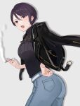  1girl :o absurdres ass belt black_hair black_jacket black_nails black_sweater breasts cigarette denim eyebrows_visible_through_hair gundou_mirei highres holding holding_cigarette iu_(iuiu1103) jacket jeans leaning_forward leather leather_jacket looking_at_viewer medium_breasts nijisanji open_mouth pants short_hair smoking solo sweater v-shaped_eyebrows violet_eyes virtual_youtuber white_belt 