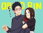  1boy 1girl black_eyes black_hair blush brown_hair character_name closed_mouth facepalm forehead green_background highres holding_another&#039;s_arm long_sleeves looking_at_another naruto_(series) naruto_shippuuden nohara_rin pinoko_(pnk623) short_hair short_sleeves simple_background smile uchiha_obito 