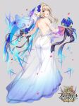  1girl ass back bangs blue_flower blue_rose bouquet brave_girl_ravens breasts bridal_veil circlet commentary_request copyright_name dress floating_hair flower from_behind full_body grey_background holding holding_bouquet horosuke kairi_(brave_girl_ravens) large_breasts looking_at_viewer looking_back official_art open_mouth petals purple_flower purple_rose rose see-through sidelocks simple_background smile solo veil violet_eyes wedding_dress white_dress white_flower white_rose 