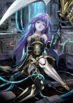  1girl android bangs chinchira closed_eyes duel_monster galatea_the_orcust_automaton gloves hair_ornament holding holding_scythe holding_weapon humanoid_robot joints long_hair machine on_floor purple_hair robot_joints scythe single_thighhigh sitting skirt solo thigh-highs tube weapon yu-gi-oh! 